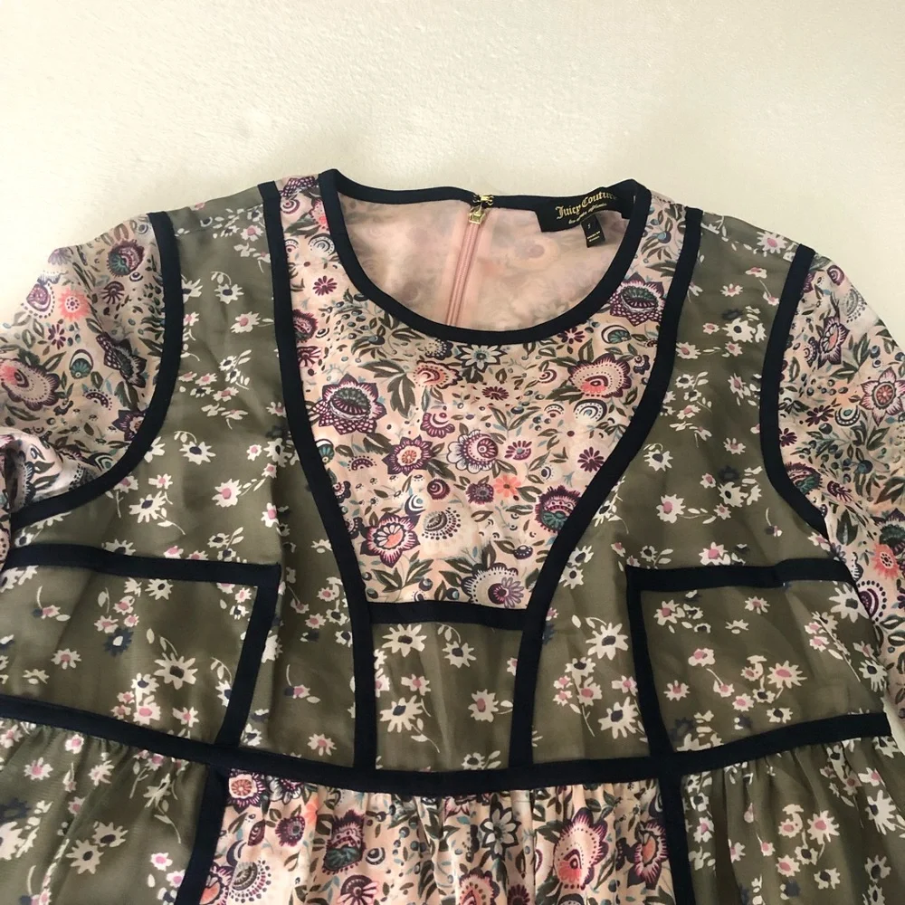 Juicy Couture NWOT pink green floral bohemian long sleeve mini dress - Picture 5 of 12